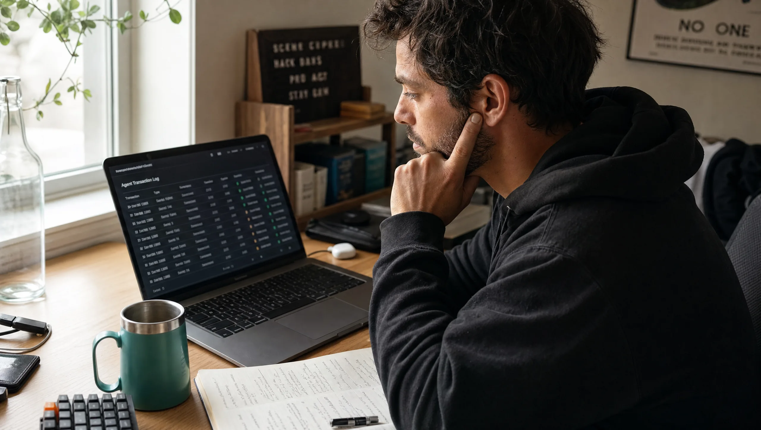 Founder reviewing an autonomous AI agent transaction log; AI agent income tax in Canada.