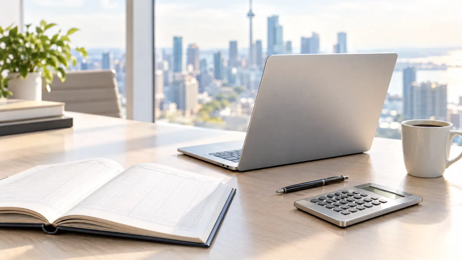 Office desk with a laptop, ledger and calculator, Toronto skyline through the window