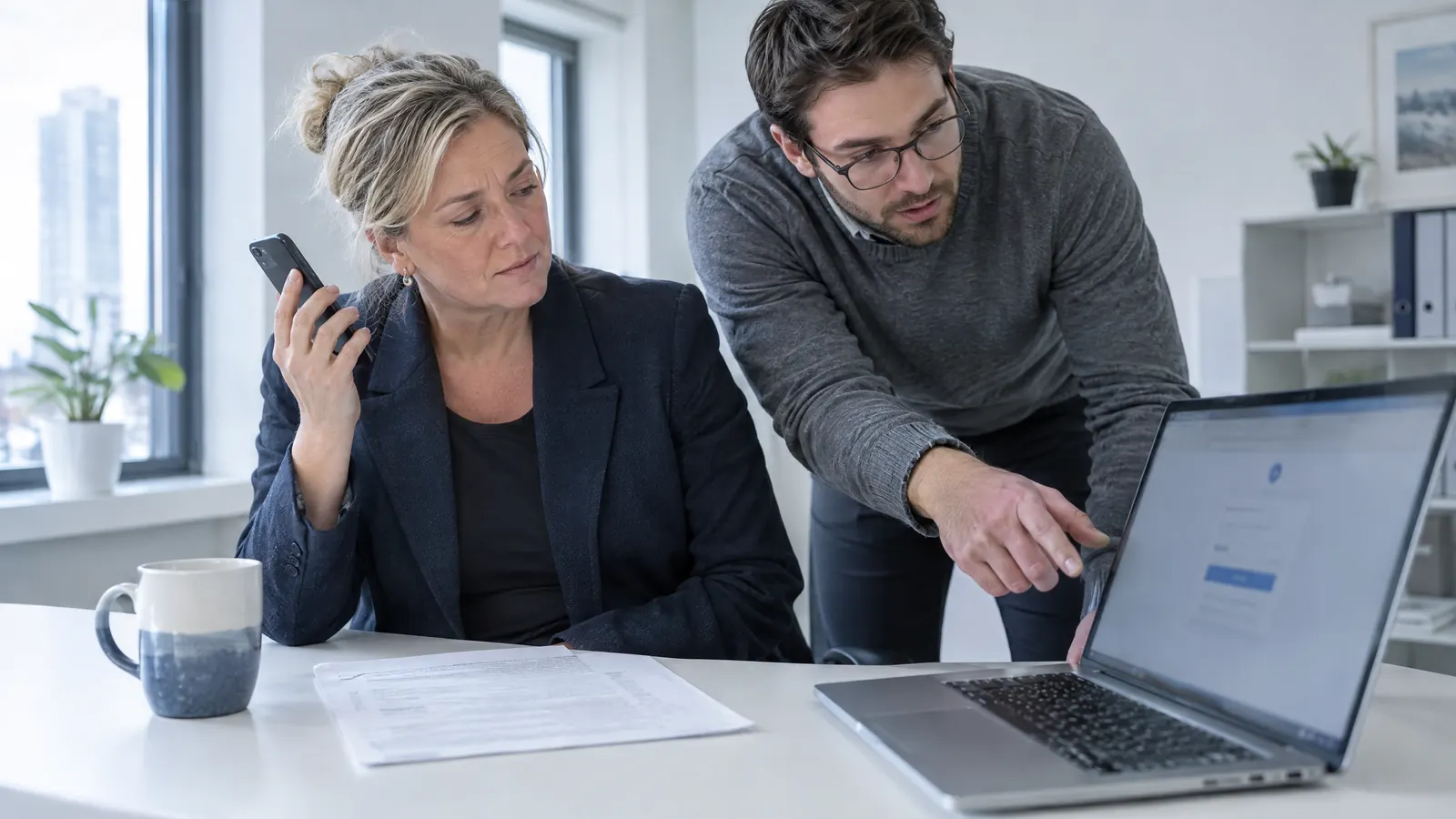 Business owner holding a phone away with a skeptical look while a colleague points at a laptop