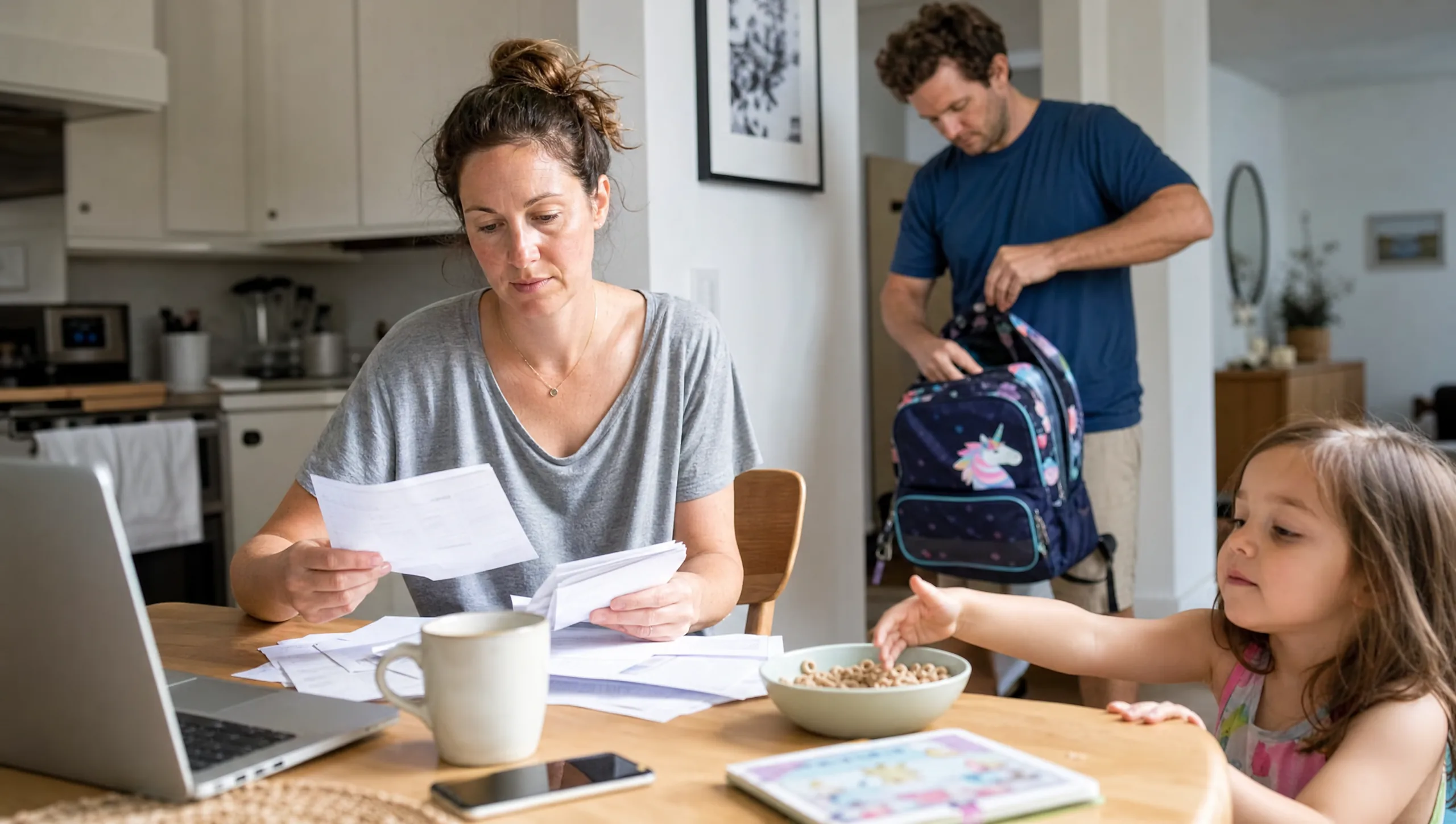 Parent reviewing child care receipts at the kitchen table; child care expense deduction in Canada 2026.