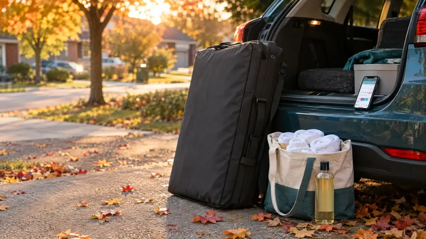 Folded portable massage table and a tote of towels beside an open car hatch in an Ontario driveway