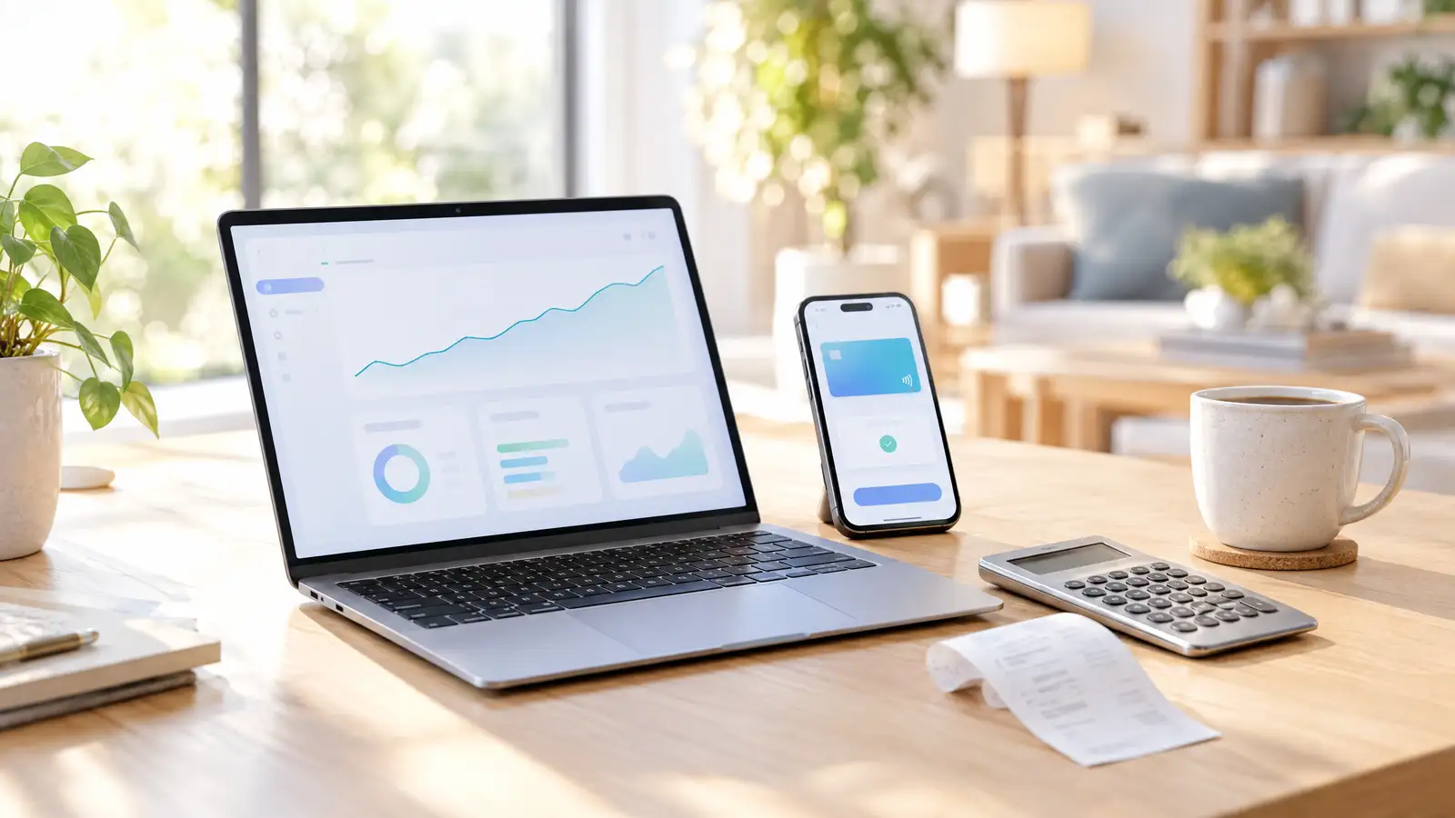 Home-office desk with a laptop sales dashboard, a phone payment screen, a calculator and a receipt