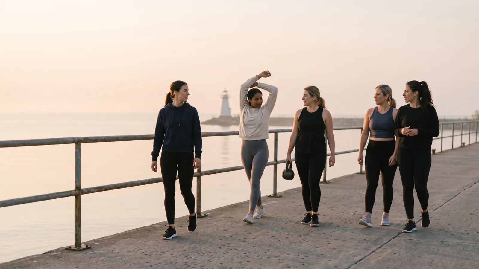 Women in activewear walking a Lake Ontario pier toward a lighthouse at sunrise