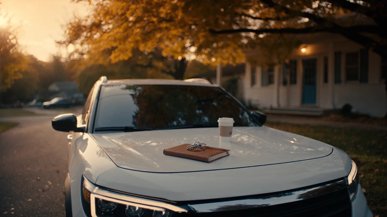 White SUV on an Ontario driveway at golden hour, keys and a notebook on the hood
